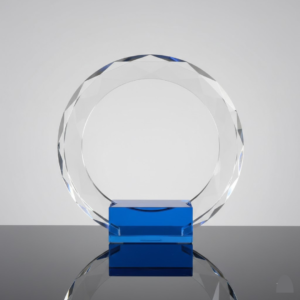 Clear Crystal Trophy with Front Blue Base