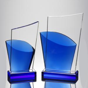 Clear Blue Crystal Trophy with Blue Base